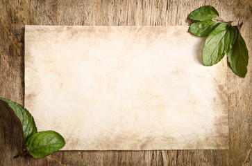 The piece of old paper lying on a wooden table with mint leaves
