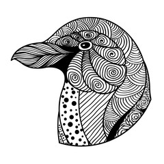Zentangle black and white ornamental penguin's head.