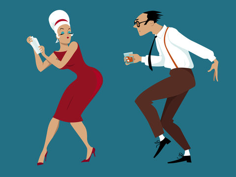 EPS 8 vector illustration of a couple dressed in 1960s fashion dancing and mixing cocktails, no transparencies