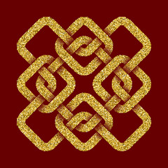 Golden glittering logo template in Celtic knots style on dark red background. Symbol in cruciform maze form. Gold ornament for jewelry design.