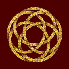 Golden glittering logo template in Celtic knots style on dark red background. Symbol in circular maze form. Gold ornament for jewelry design.