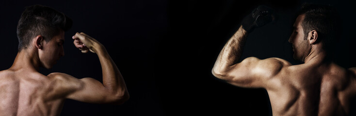 view of muscular men lifting biceps in front black background - obrazy, fototapety, plakaty