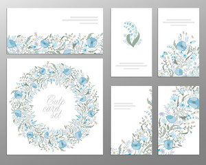 set of vector floral designs: business cards, seamless pattern, beautiful illustration frame. Cute hand drawing flowers on card