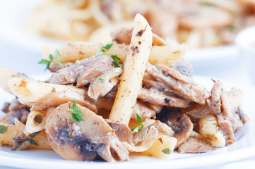 pasta penne with mushrooms grilled in sour cream sauce