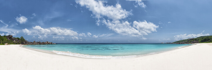 panoramic view of grand anse beach la digue island seychelles