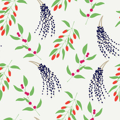 Seamless pattern with colorful branches camu camu, goji and acai