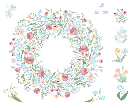 Detailed contour wreath with herbs, leaves and wild spring flowers isolated on white. Round frame for your design, greeting cards, wedding announcements, posters.