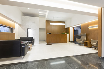 Reception area with wooden reception desk