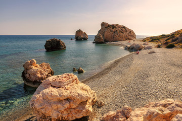 Cyprus beach. Aphrodite's legendary birthplace at sunset in Paphos, Cyprus