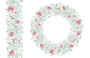 Floral spring elements with cute bunches of poppy and wild flowers. Endless pattern brush. For romantic wedding design, announcements, greeting cards, posters, advertisement.