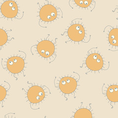Shiny Bright Yellow Sun on Green Seamless Background. Vector Pattern