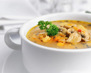 vegetarian pea soup with mushrooms
