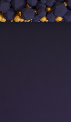 Black abstract background with 3D shapes and balls