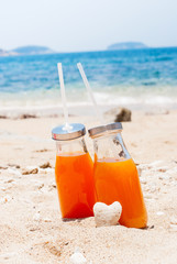 Orange Juice Bottle Beach Sea Holiday Concept