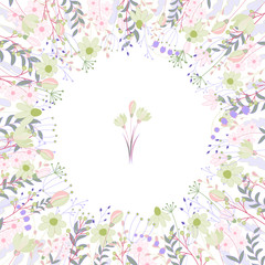 Square frame with contour roses and herbs on white. Floral pattern for your wedding design, floral greeting cards, posters.