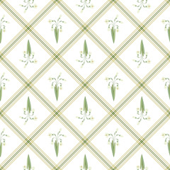 Vector seamless pattern with bouquet of snowdrops in square  on a white background.