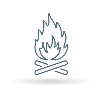 Wood fire icon. Outdoor bonfire symbol. Camp fire sign. Thin line icon on white background. Vector illustration.