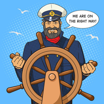 Captain and ship steering wheel pop art vector