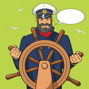 Captain and ship steering wheel pop art vector