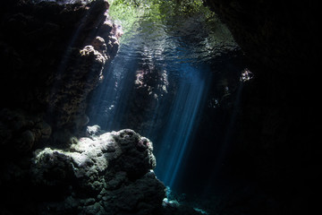 Dark, Underwater Cavern and Beams of Light