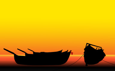 Fishing Boats at Sunset - Vector