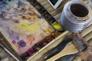 brush and palette after painting