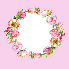 Wreath of pink watercolor flowers.