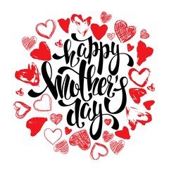 Happy Mothers day greeting card with hearts, lettering. 