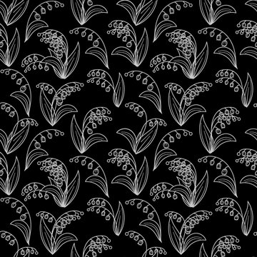 Seamless black and white pattern with lilies of the valley on a black background. Vector eps 10.