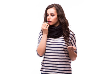 young woman feels unwell. All on white background.