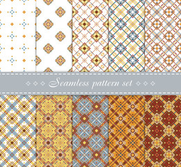 Elegant vector seamless patterns. Retro blue, brown, beige and white colors. Endless texture can be used for printing onto fabric paper, scrap booking. Set of abstract pretty chic background