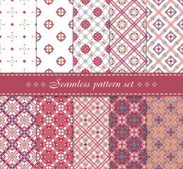 Elegant vector seamless patterns. Retro blue, brown, beige and white colors. Endless texture can be used for printing onto fabric paper, scrap booking. Set of abstract pretty chic background