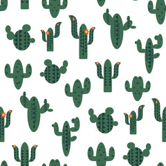 Seamless vector pattern with green cactuses on white background