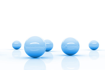 five blue reflective spheres blending into a bright white environment 