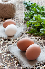 Chicken eggs, bunch of parsley and twine