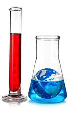 Flask with blue fluid and small Earth planet inside and flask with red fluid isolated on white