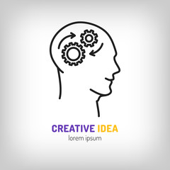 Logo marketing business, Brainstorm, Brainwave, Creative idea, line icon art style vector illustration, Creative idea concept with a human head and gears