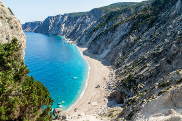 Fototapeta premium Famous Platia Ammos beach in Kefalonia island, Greece. The beach was affected by the earthquake in the spring of 2014 and it is very difficult to go down on the beach.