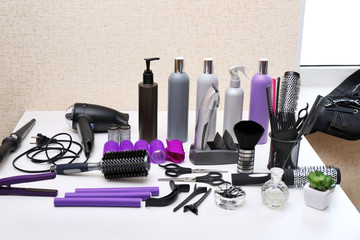 Professional hairdresser tools on table