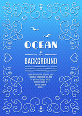 Ocean background Marine frame for your posters, brochures, banners, leaflets, flyers, web, Nautical background vector illustration, Frame with marine rope, blue and turquoise background