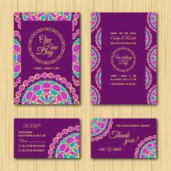 Wedding Invitations Sets: Save the date and RSVP cards. Turquoise, purple and gold colour palette for wedding