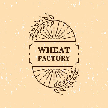 Wheat factory: logo concept in trendy mono line style. Vector logotype template. Isolated and easy to edit business identity element. Agriculture, organic farm or beer and brewing line logo