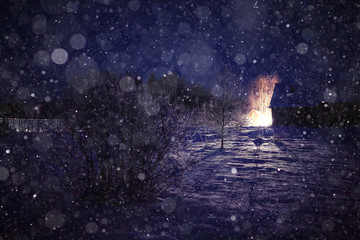 Fototapeta na wymiar Winter night landscape village small house