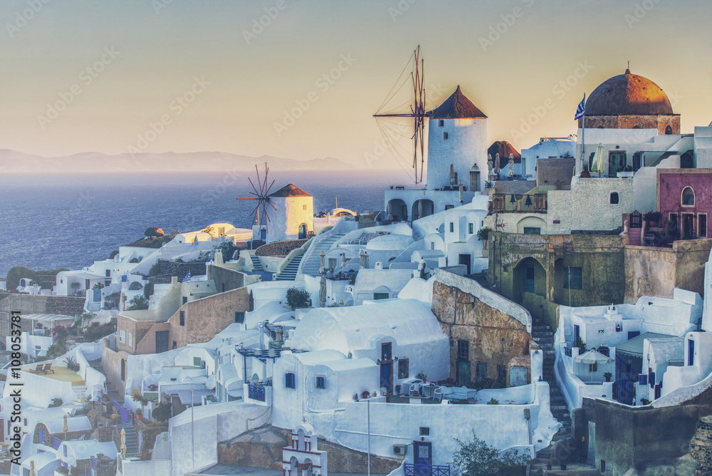 Sticker oia village at sunset, santorini island, greece