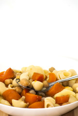 Vegetable soup with pasta, carrots and chickpeas
