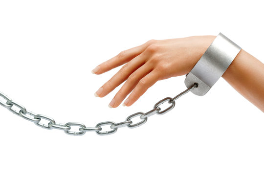Woman's hand in chains isolated on white background. Close up, concept against violence