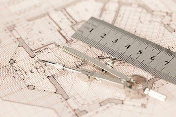 architecture blueprint -  house plan, compass, ruler