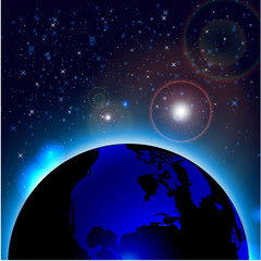 Fototapeta na wymiar Planet earth with sunrise in space. World Map with Globes detailed editable. Vector space background