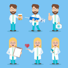 Doctors set women and men in a flat design with working tools. doctor of medicine. doctor with a syringe. doctor with a medical kit. Doctor with documents.