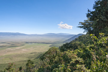 Panoramic view of huge Ngorongoro caldera (extinct volcano crater). Tanzania, East Africa. 